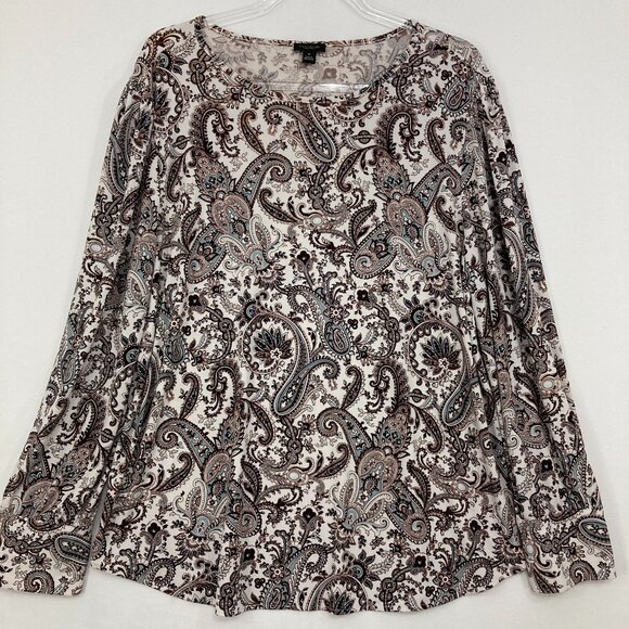 Ann Taylor size XL Brown White Paisley Stretch Knit Long Sleeve Pullover Top - Picture 1 of 9